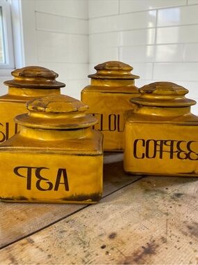 Vintage 1970s Mustard Drip Glaze Ceramic Canister Set Flour Sugar Coffee Tea
